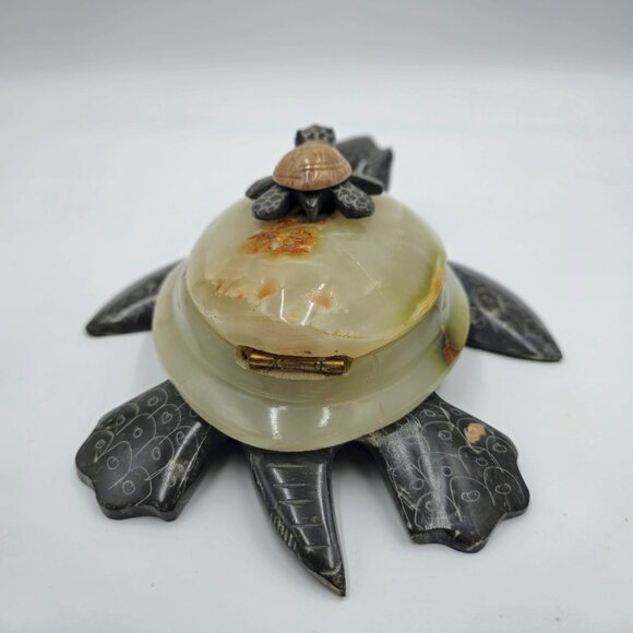 Stone Carved Turtle Box Hinged Lid Mother Baby Vintage Read - Picture 5 of 10